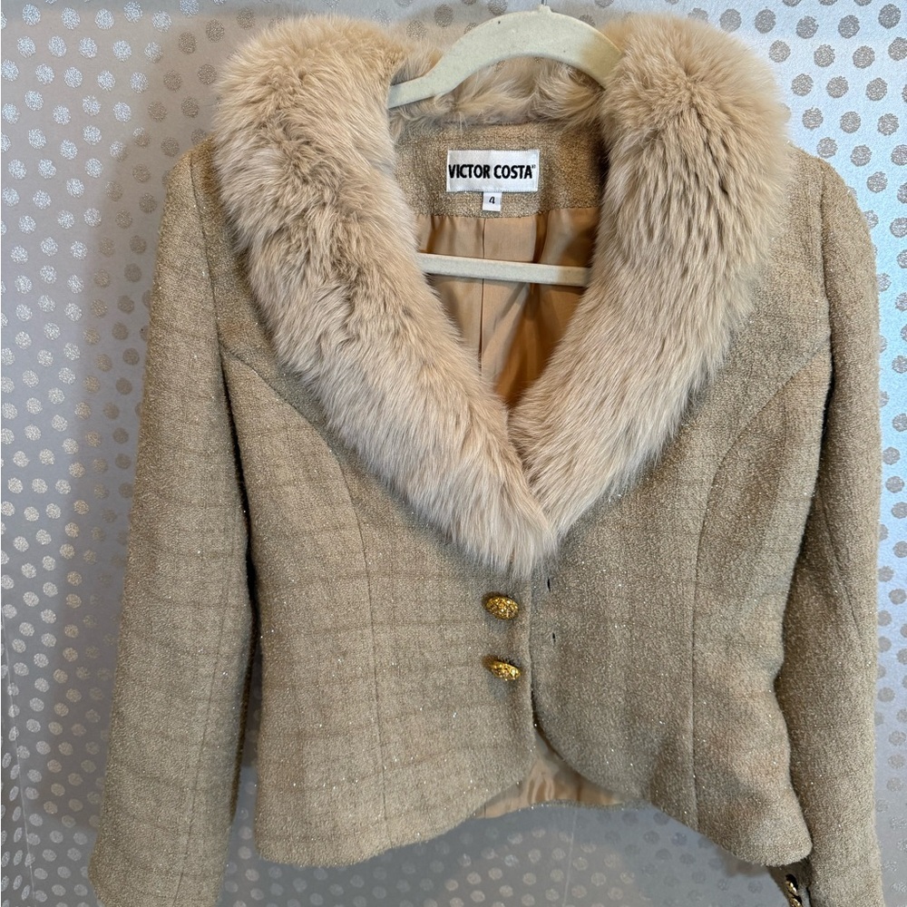 VINTAGE Victor Costa Beige Faux Fur Trimmed Shimmer Suit Set - Picture 2 of 11
